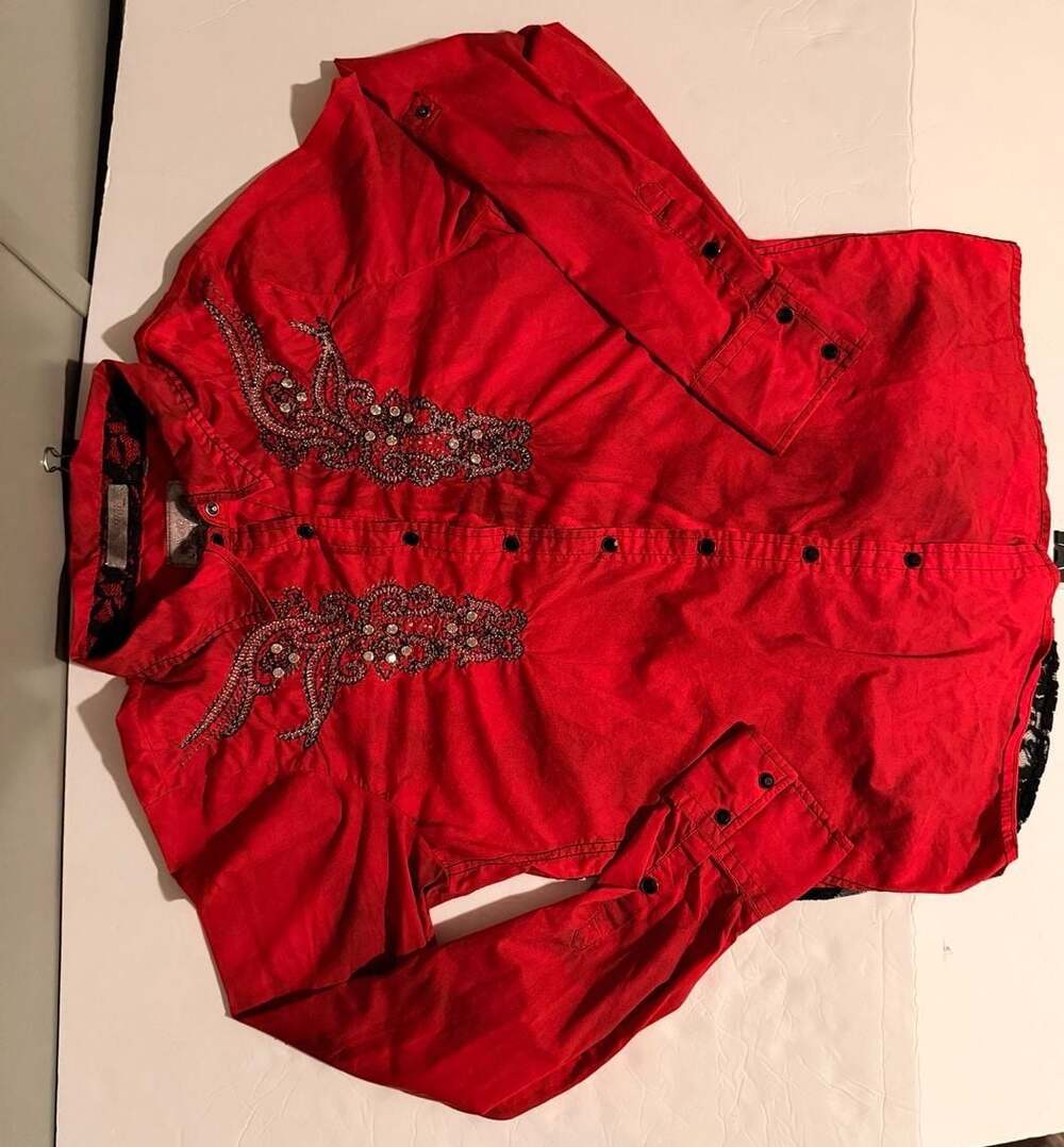 Roar Signature Red Embroidered Rhinestone Shirt Y2K style